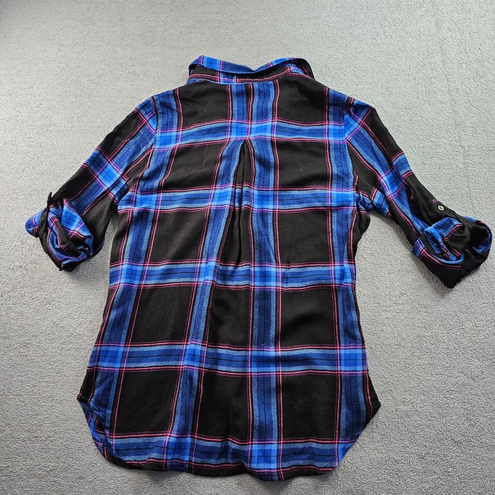 Hester & Orchard Shirt Women's Small Black Blue Plaid Roll Tab Sleeve Button-Up - Picture 2 of 11
